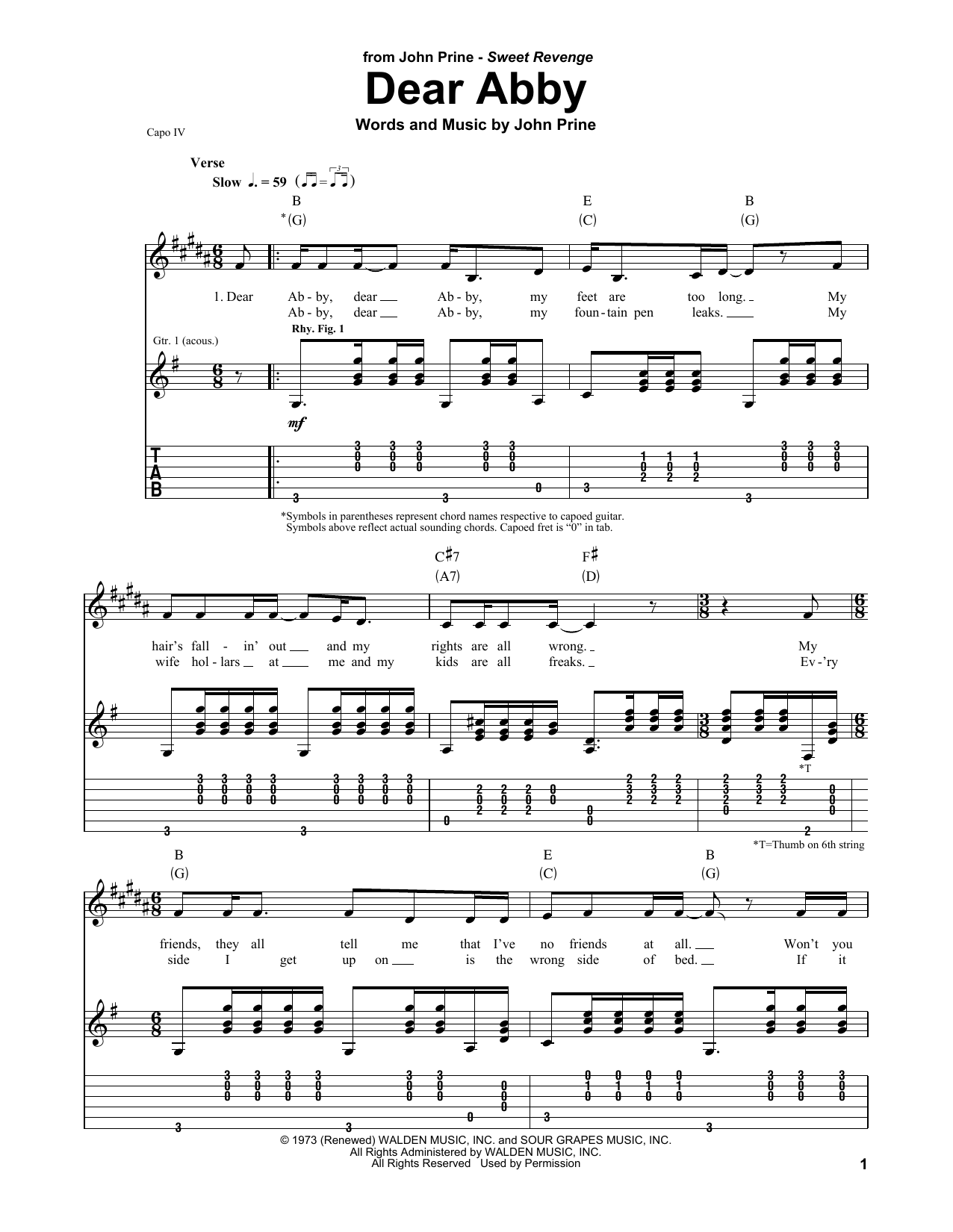 John Prine Dear Abby sheet music notes and chords arranged for Piano, Vocal & Guitar Chords (Right-Hand Melody)