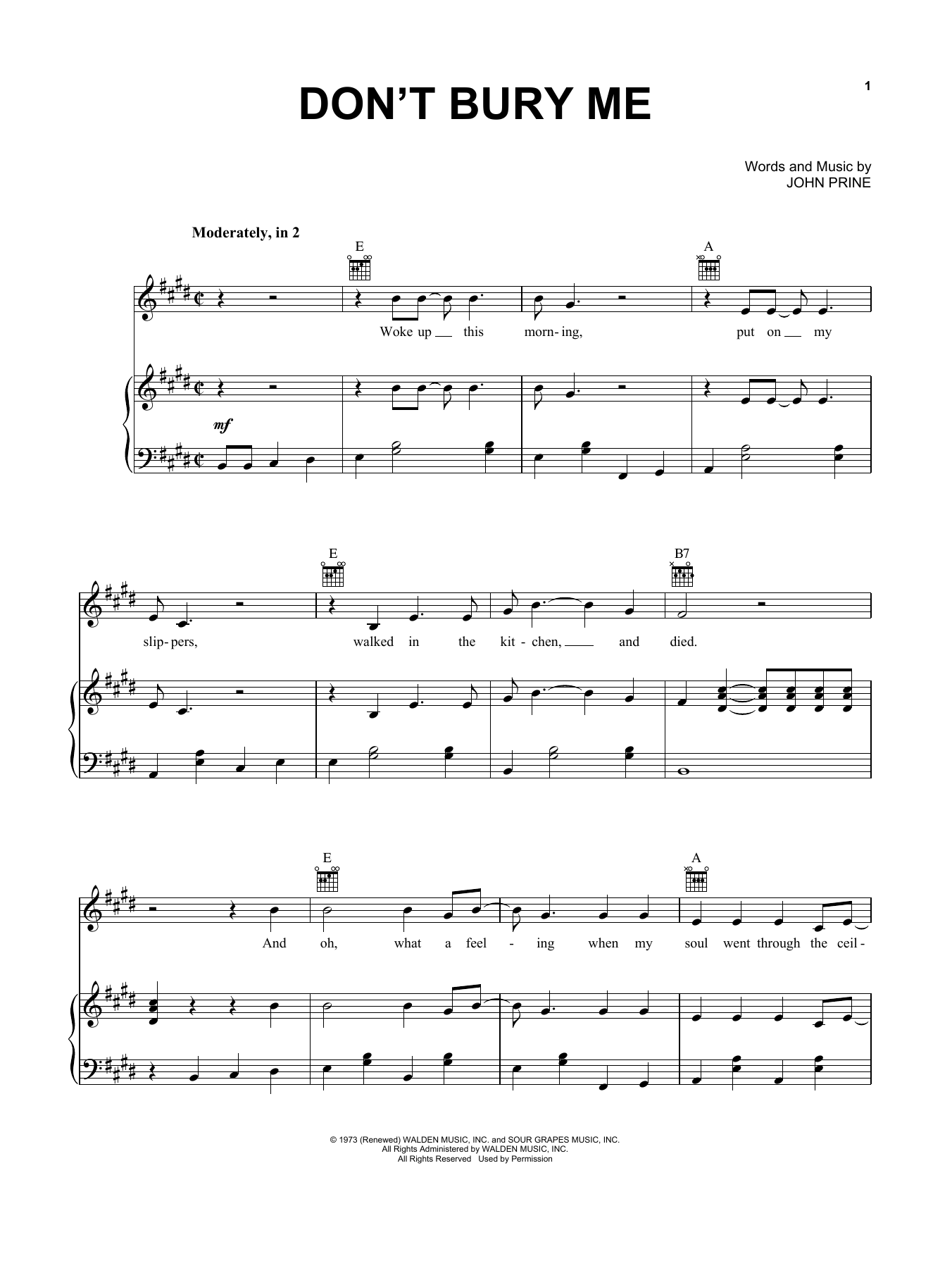 John Prine Don't Bury Me sheet music notes and chords arranged for Piano, Vocal & Guitar Chords (Right-Hand Melody)