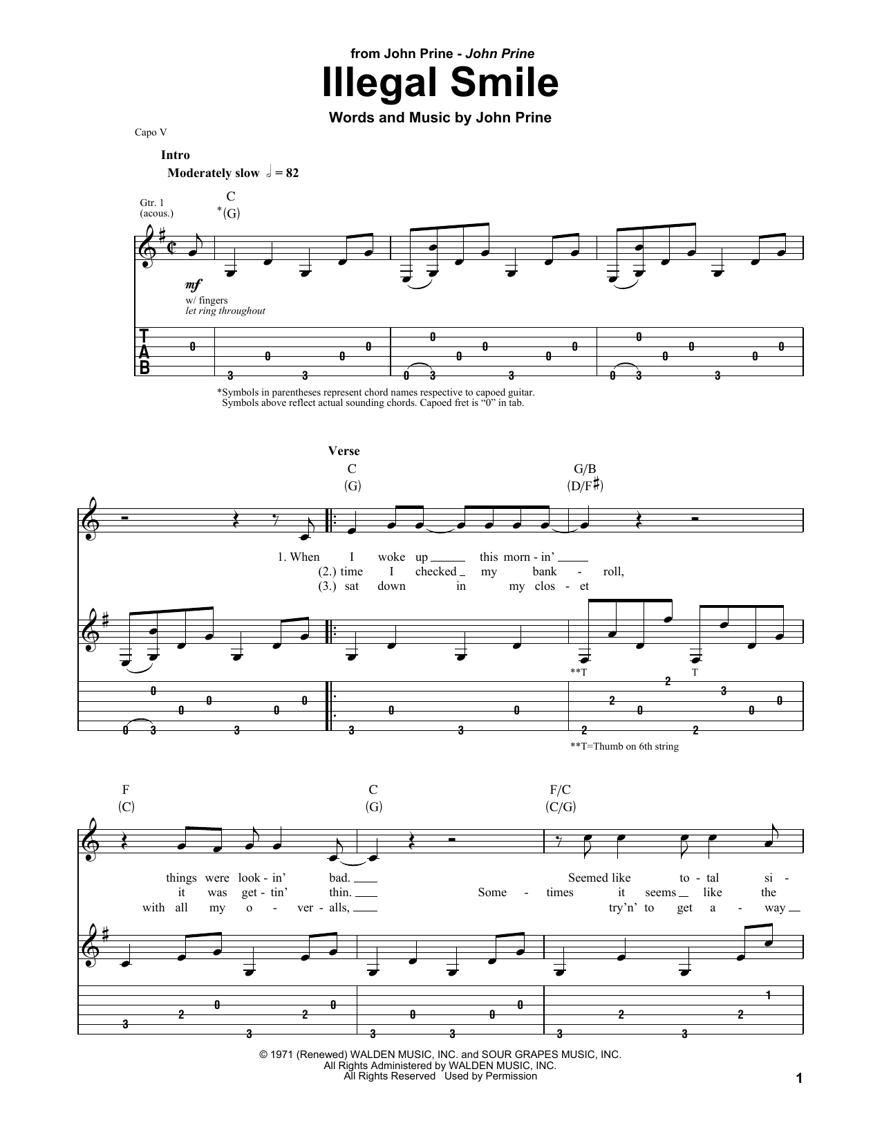 John Prine Illegal Smile sheet music notes and chords arranged for Piano, Vocal & Guitar Chords (Right-Hand Melody)
