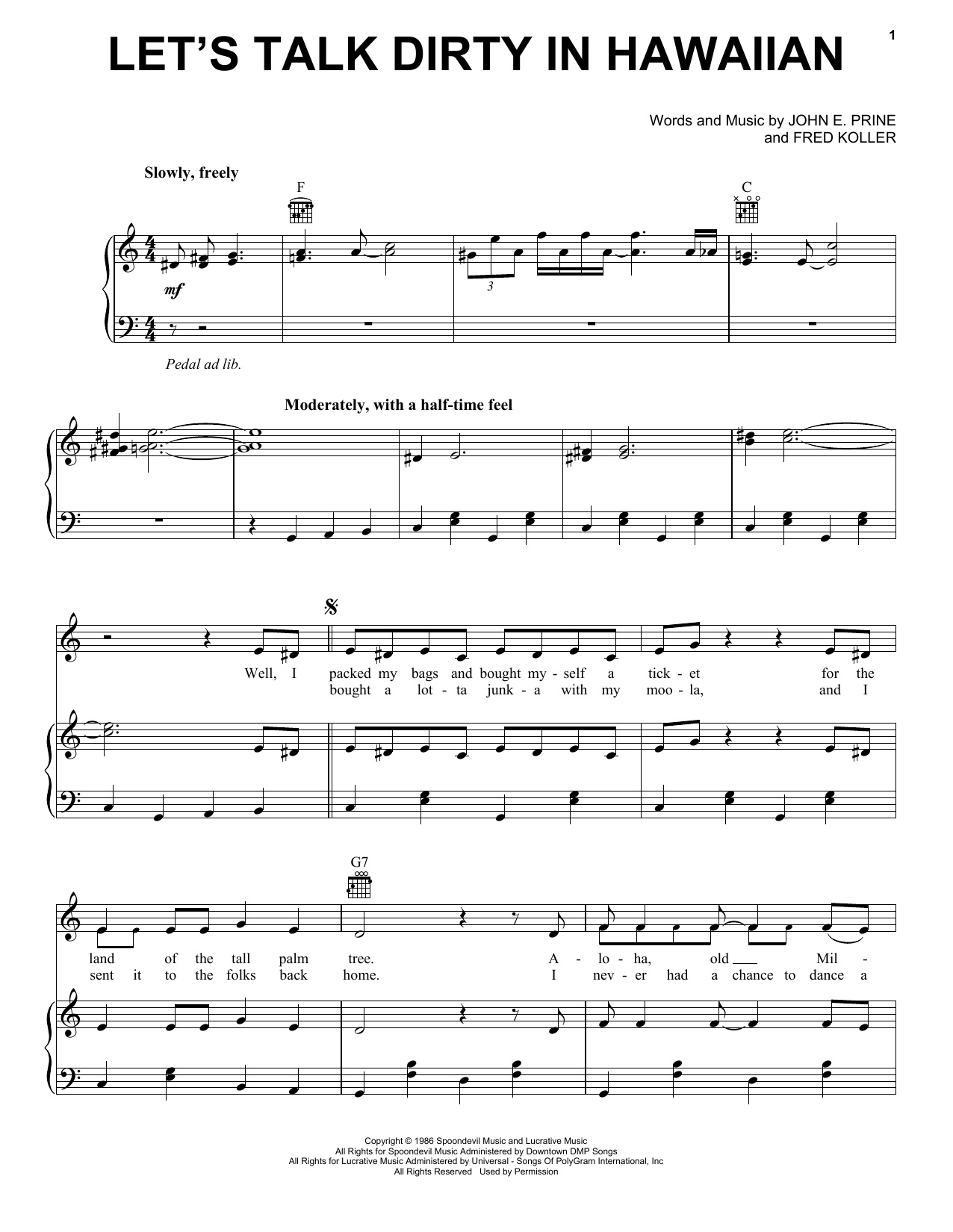 John Prine Let's Talk Dirty In Hawaiian sheet music notes and chords arranged for Piano, Vocal & Guitar Chords (Right-Hand Melody)