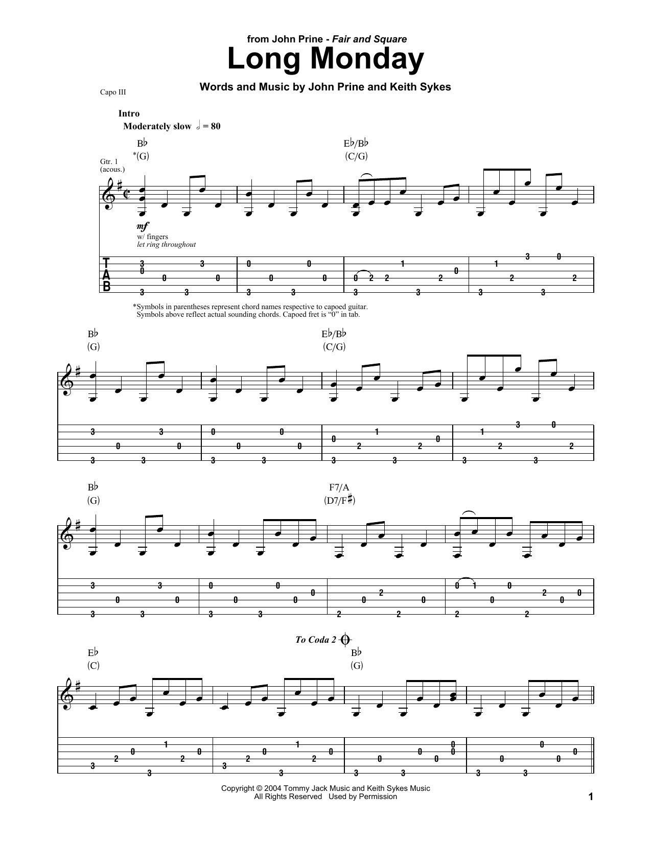 John Prine Long Monday sheet music notes and chords arranged for Piano, Vocal & Guitar Chords (Right-Hand Melody)