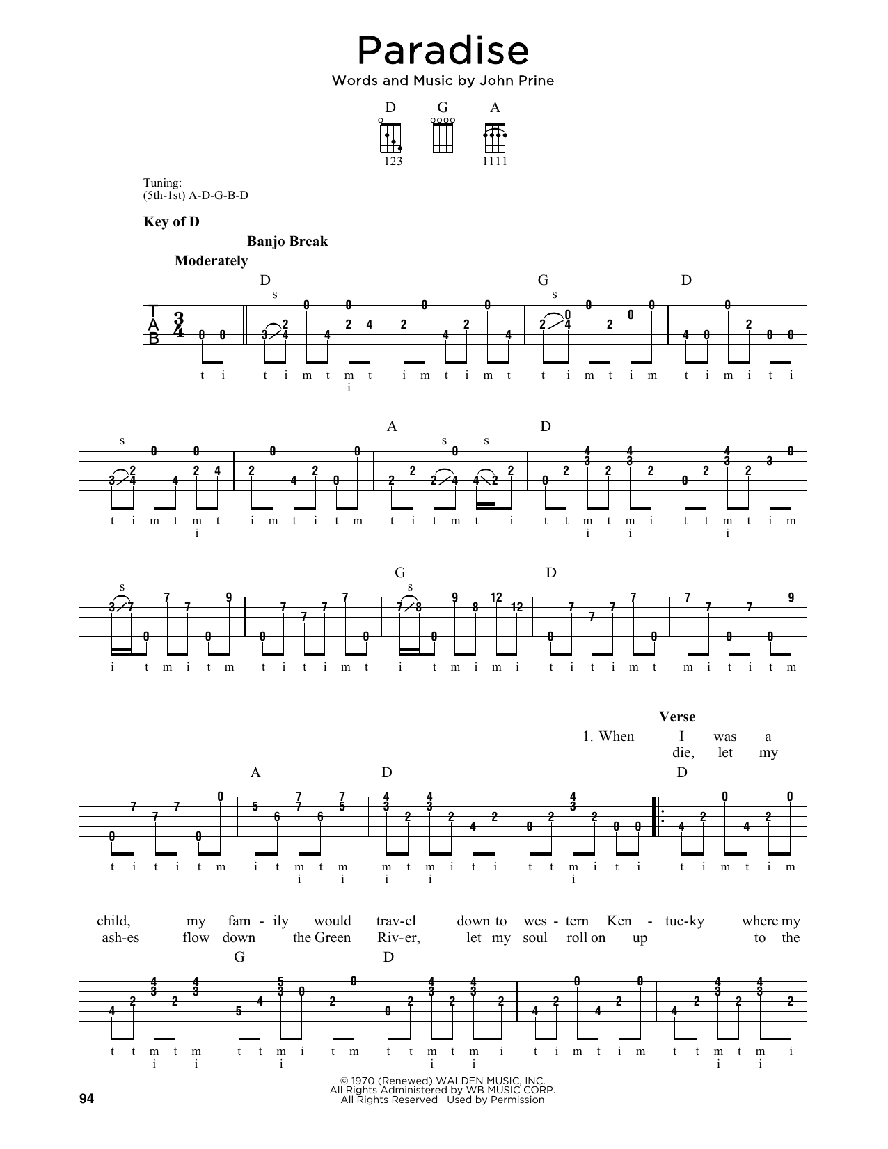 John Prine Paradise sheet music notes and chords arranged for Banjo Tab