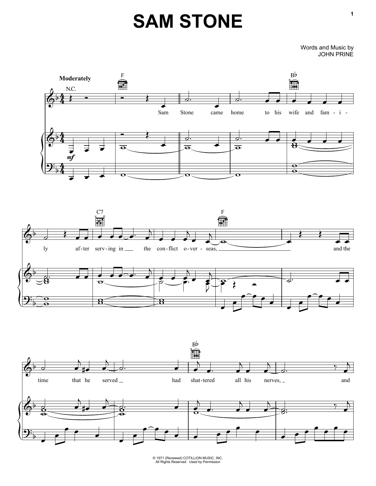 John Prine Sam Stone sheet music notes and chords arranged for Piano, Vocal & Guitar Chords (Right-Hand Melody)