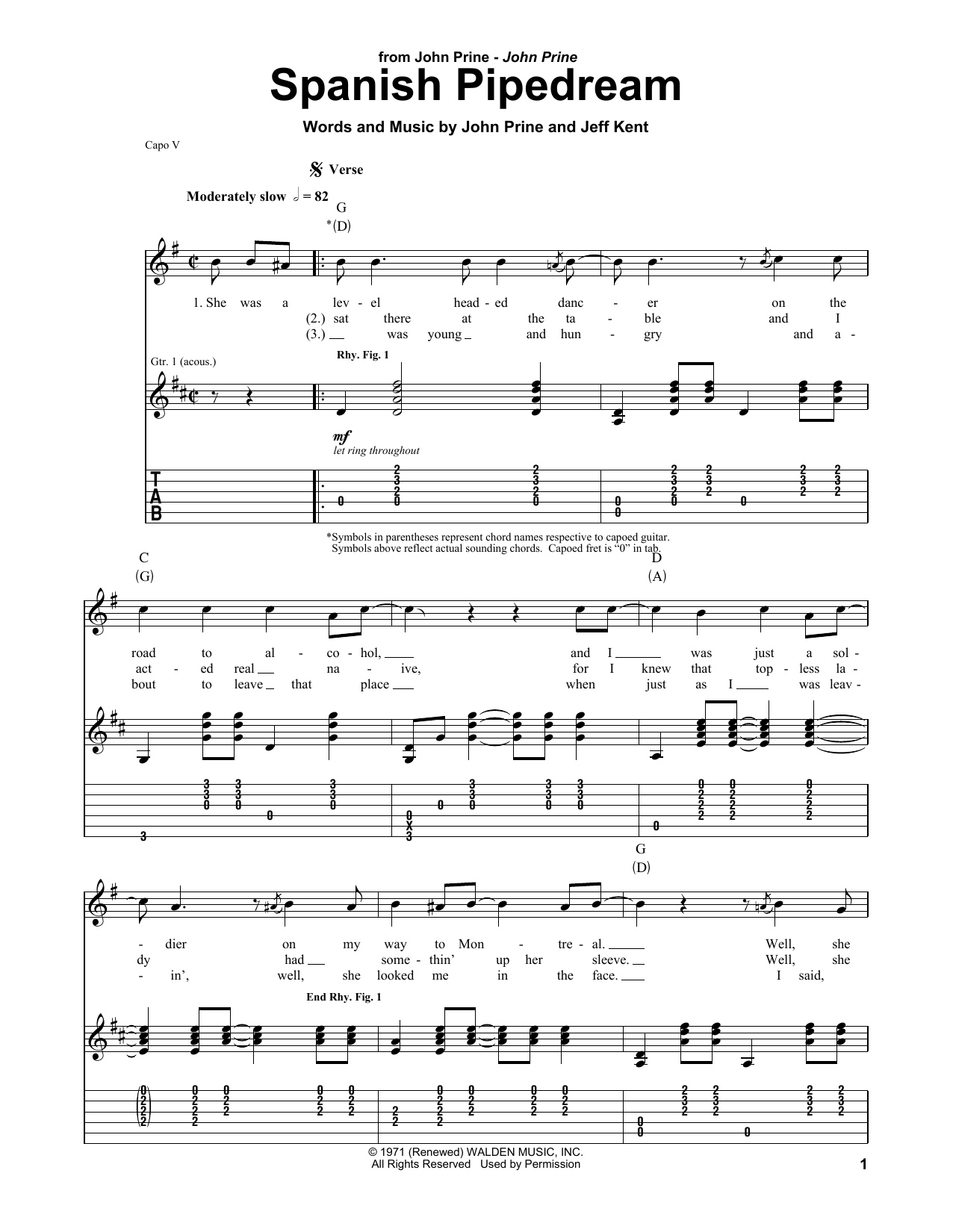 John Prine Spanish Pipedream sheet music notes and chords arranged for Guitar Tab