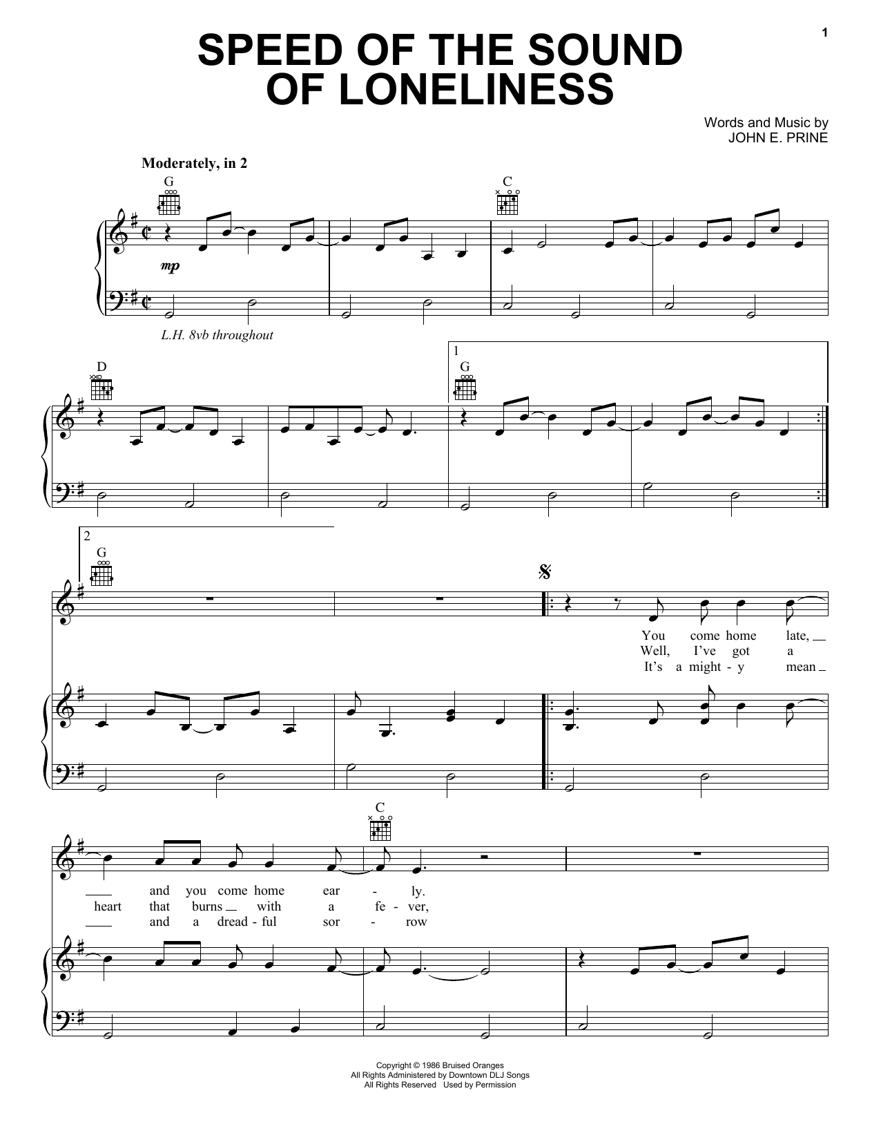 John Prine Speed Of The Sound Of Loneliness sheet music notes and chords arranged for Piano, Vocal & Guitar Chords (Right-Hand Melody)
