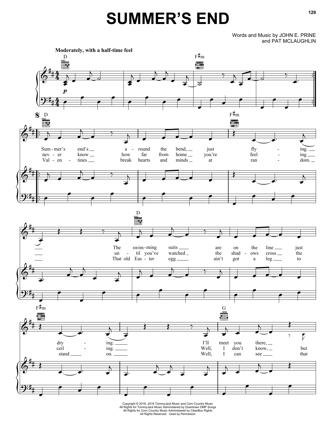 John Prine Summer's End sheet music notes and chords arranged for Piano, Vocal & Guitar Chords (Right-Hand Melody)