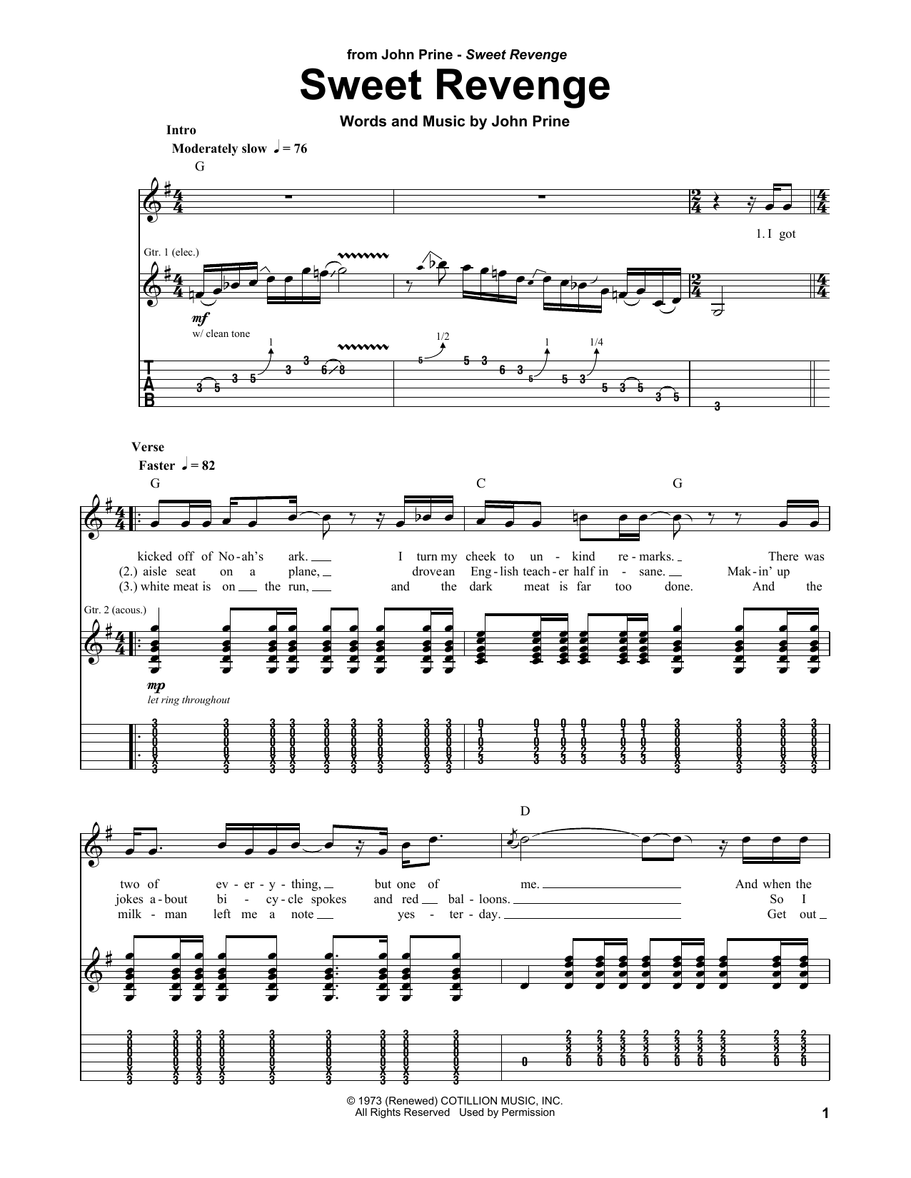 John Prine Sweet Revenge sheet music notes and chords arranged for Piano, Vocal & Guitar Chords (Right-Hand Melody)