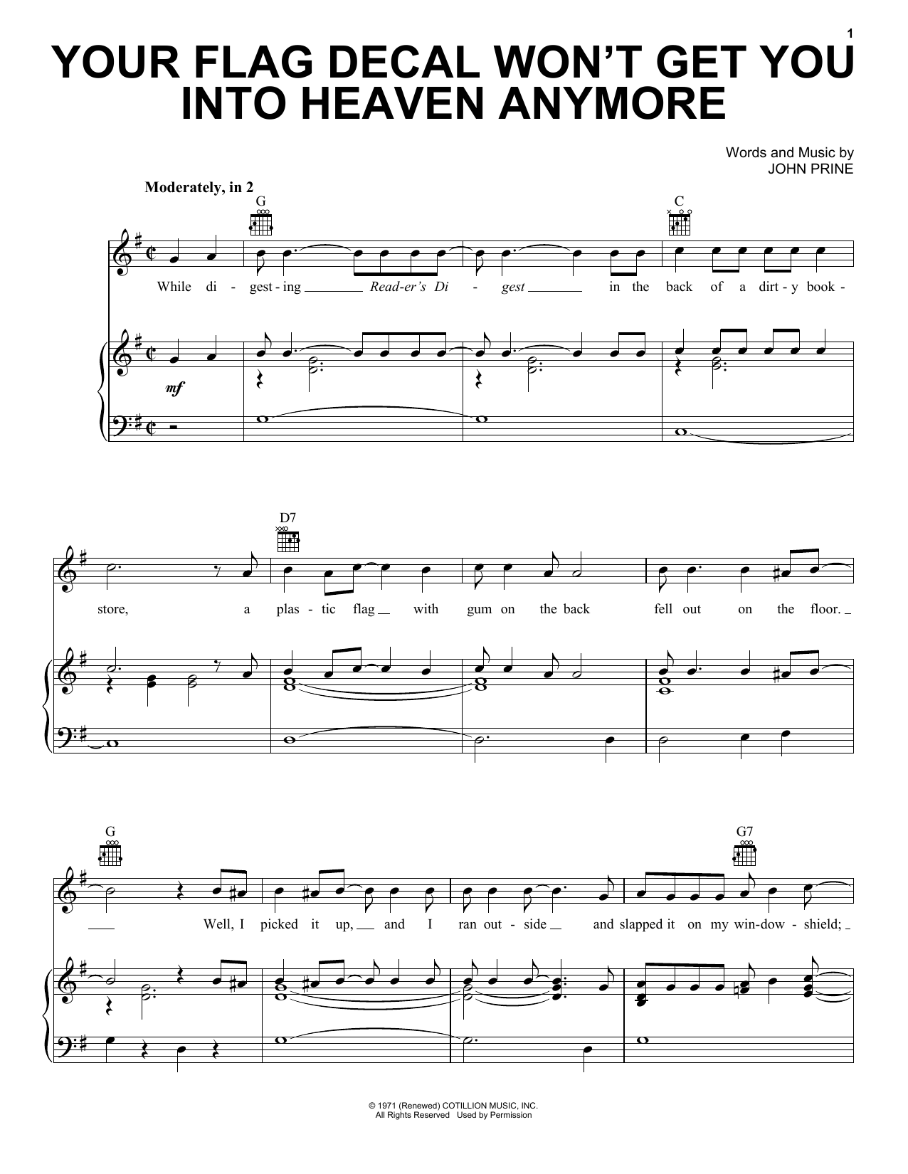John Prine Your Flag Decal Won't Get You Into Heaven Anymore sheet music notes and chords arranged for Piano, Vocal & Guitar Chords (Right-Hand Melody)