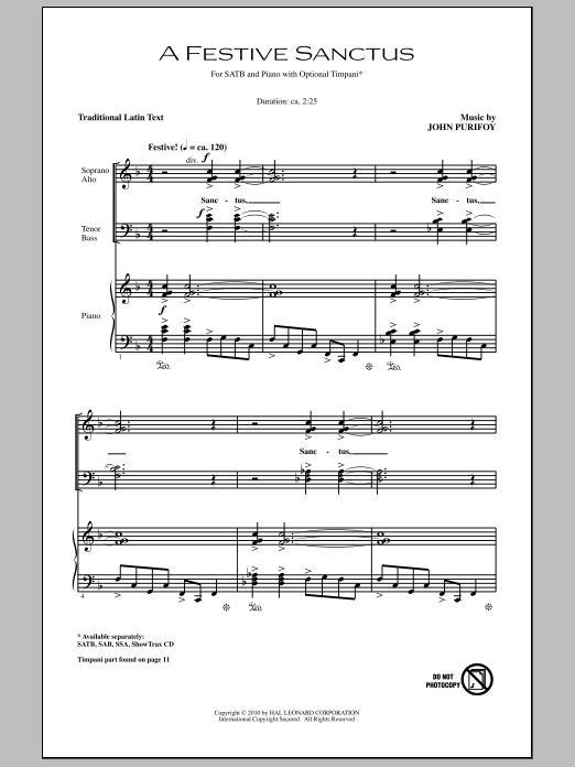 John Purifoy A Festive Sanctus sheet music notes and chords arranged for SATB Choir