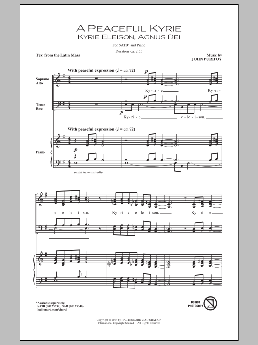 John Purifoy A Peaceful Kyrie sheet music notes and chords arranged for SAB Choir