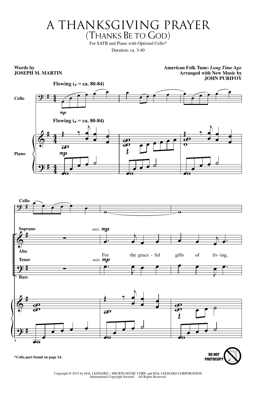 John Purifoy A Thanksgiving Prayer (Thanks Be To God) sheet music notes and chords arranged for SATB Choir