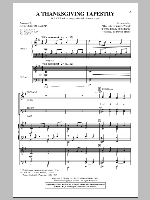 John Purifoy A Thanksgiving Tapestry sheet music notes and chords arranged for SATB Choir