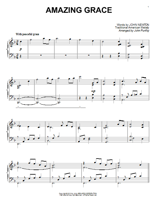 John Purifoy Amazing Grace sheet music notes and chords arranged for Piano Solo