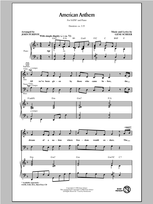 John Purifoy American Anthem sheet music notes and chords arranged for SATB Choir