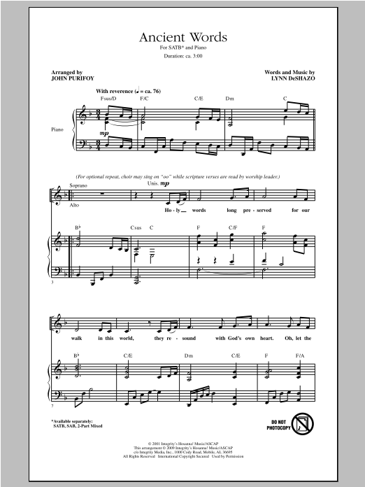 John Purifoy Ancient Words sheet music notes and chords arranged for 2-Part Choir