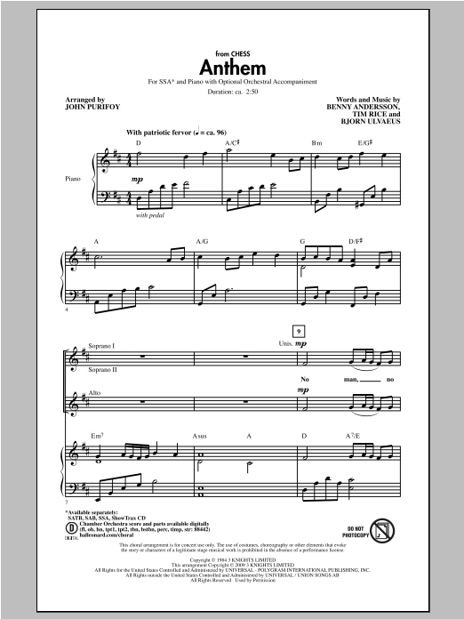 John Purifoy Anthem (from Chess) sheet music notes and chords arranged for SSA Choir