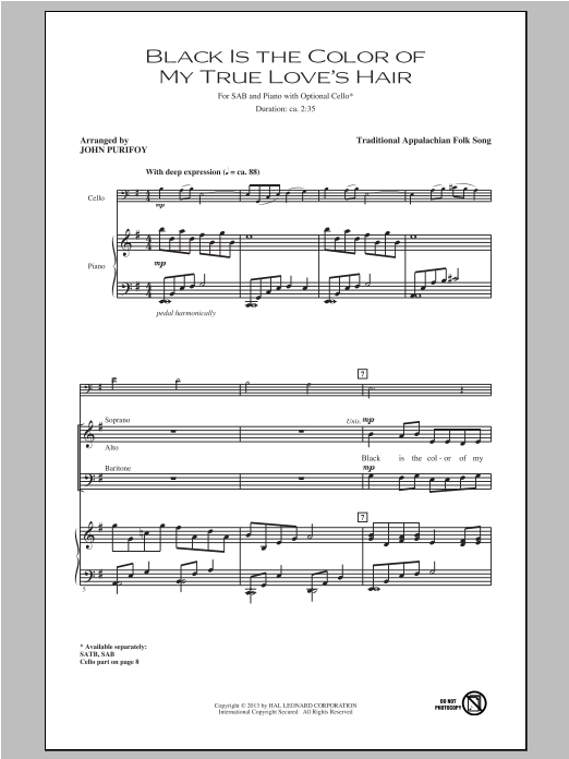 John Purifoy Black Is the Color of My True Love's Hair sheet music notes and chords arranged for SATB Choir