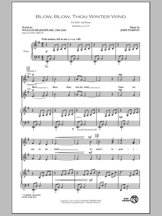 John Purifoy Blow, Blow, Thou Winter Wind sheet music notes and chords arranged for SATB Choir