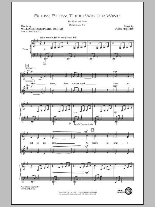 John Purifoy Blow, Blow, Thou Winter Wind sheet music notes and chords arranged for SSA Choir