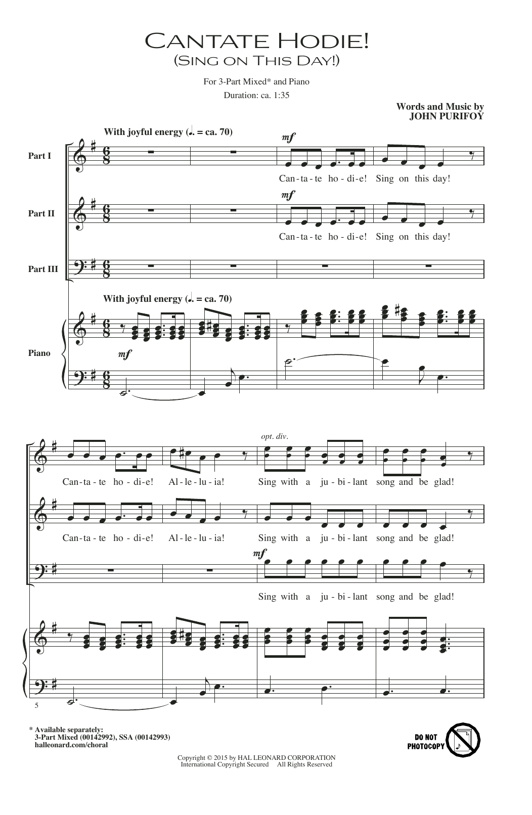 John Purifoy Cantate Hodie! (Sing On This Day) sheet music notes and chords arranged for 3-Part Mixed Choir