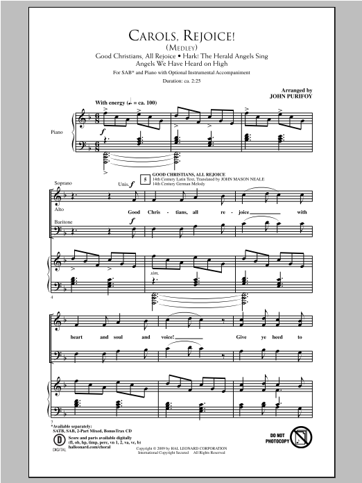 John Purifoy Carols, Rejoice (Medley) sheet music notes and chords arranged for SAB Choir