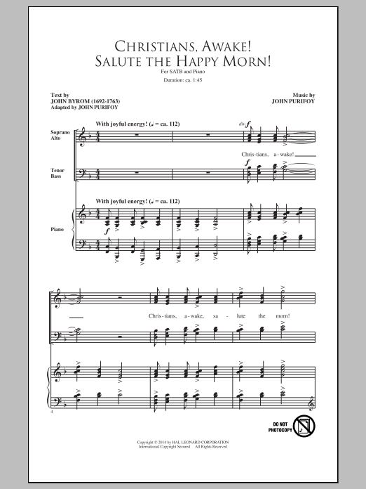 John Purifoy Christians, Awake! Salute The Happy Morn sheet music notes and chords arranged for SATB Choir