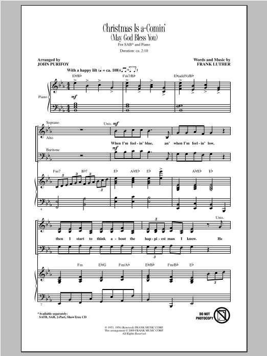 John Purifoy Christmas Is A-Comin' (May God Bless You) sheet music notes and chords arranged for SAB Choir