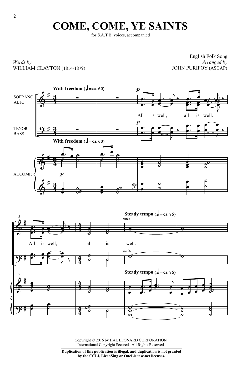 John Purifoy Come, Come, Ye Saints sheet music notes and chords arranged for SATB Choir