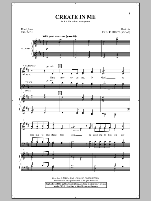 John Purifoy Create In Me sheet music notes and chords arranged for SATB Choir