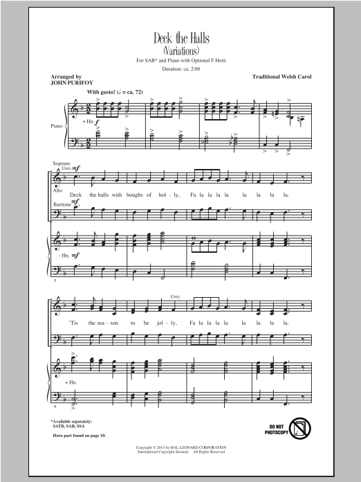 John Purifoy Deck The Hall sheet music notes and chords arranged for SSA Choir
