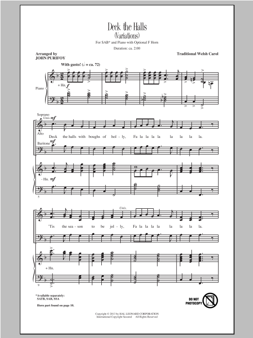 John Purifoy Deck The Hall sheet music notes and chords arranged for SATB Choir