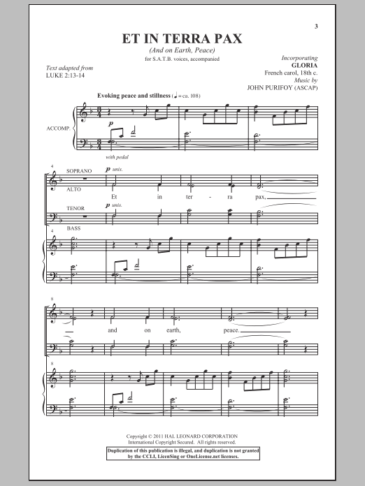 John Purifoy Et In Terra Pax (And On Earth, Peace) sheet music notes and chords arranged for SSA Choir