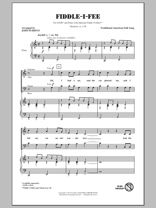 John Purifoy Fiddle-I-Fee sheet music notes and chords arranged for SATB Choir