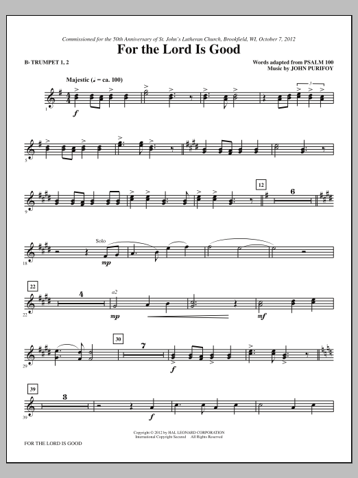 John Purifoy For The Lord Is Good - Bb Trumpet 1,2 sheet music notes and chords arranged for Choir Instrumental Pak
