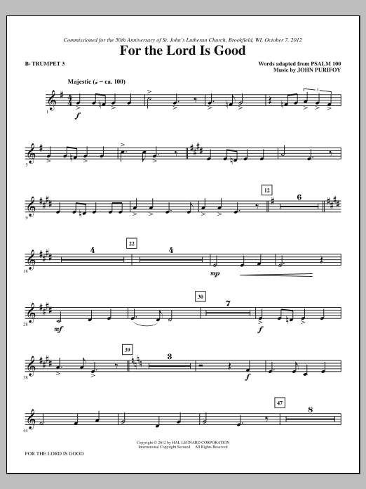 John Purifoy For The Lord Is Good - Bb Trumpet 3 sheet music notes and chords arranged for Choir Instrumental Pak