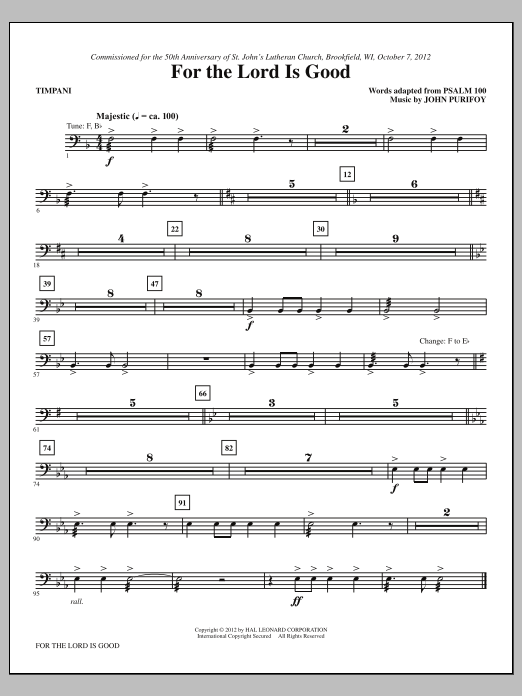John Purifoy For The Lord Is Good - Timpani sheet music notes and chords arranged for Choir Instrumental Pak