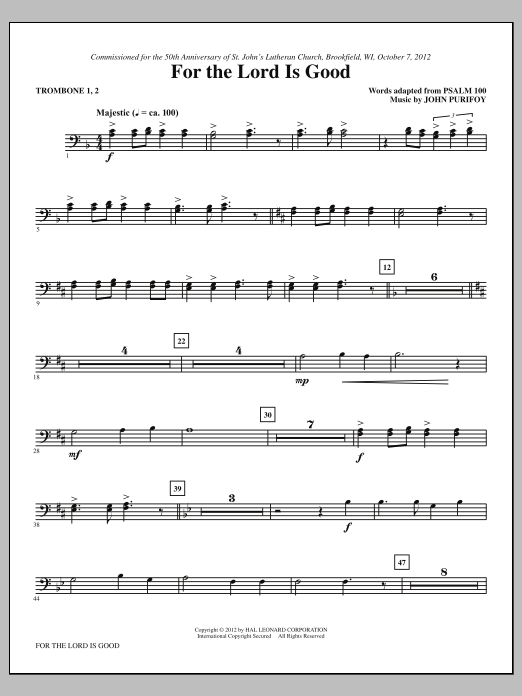 John Purifoy For The Lord Is Good - Trombone 1, 2 sheet music notes and chords arranged for Choir Instrumental Pak