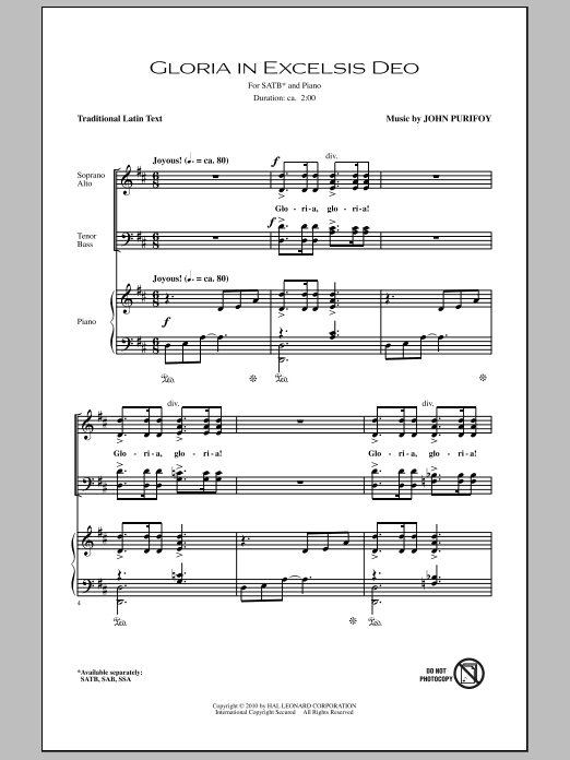 John Purifoy Gloria In Excelsis Deo sheet music notes and chords arranged for SSA Choir