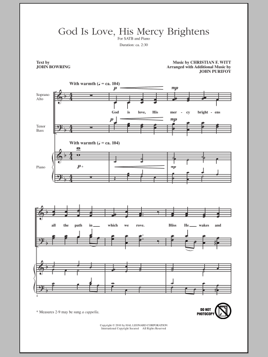 John Purifoy God Is Love, His Mercy Brightens sheet music notes and chords arranged for SATB Choir