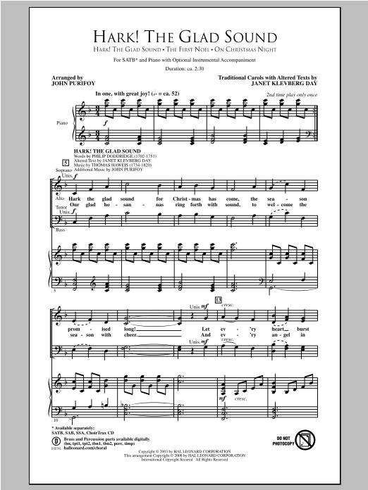 John Purifoy Hark! The Glad Sound (Medley) sheet music notes and chords arranged for SSA Choir