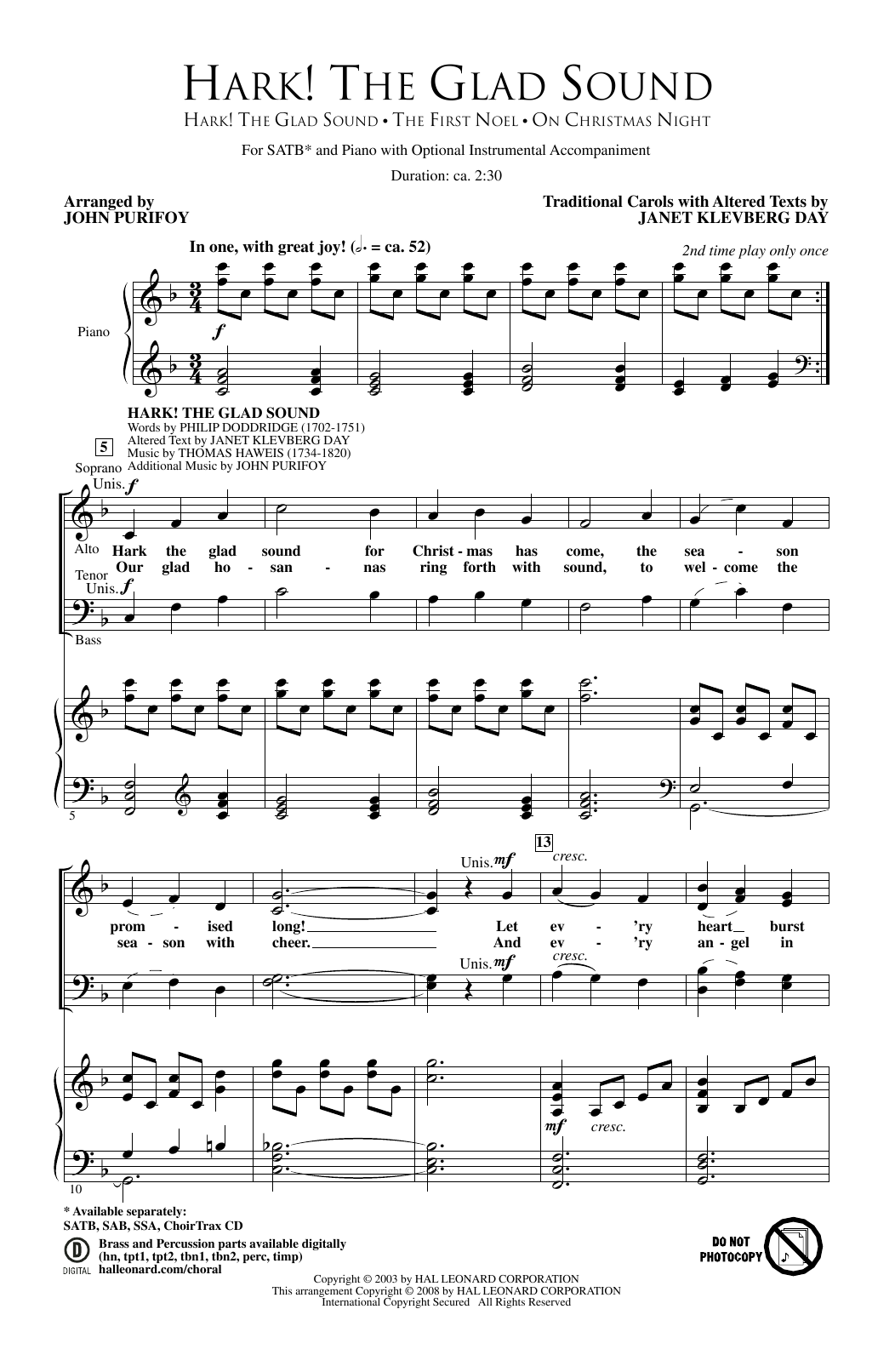 John Purifoy Hark! The Glad Sound sheet music notes and chords arranged for SATB Choir