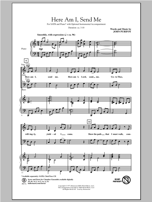 John Purifoy Here Am I, Send Me sheet music notes and chords arranged for Piano Solo