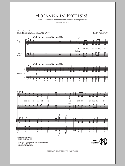 John Purifoy Hosanna In Excelsis! sheet music notes and chords arranged for SATB Choir