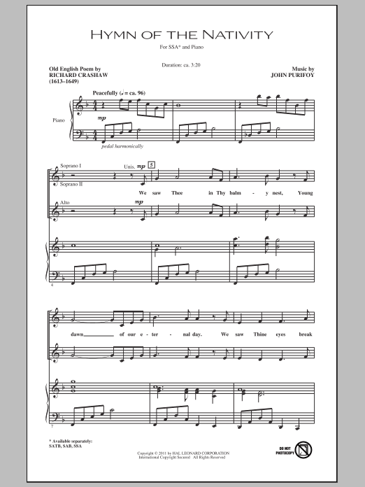 John Purifoy Hymn Of The Nativity sheet music notes and chords arranged for SSA Choir