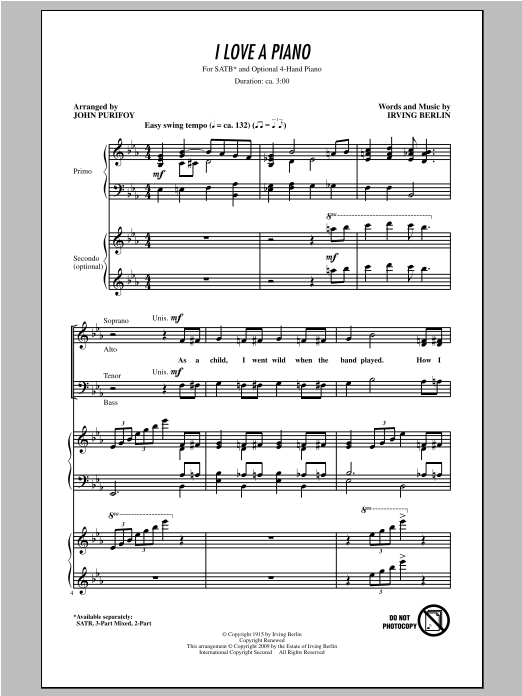John Purifoy I Love A Piano sheet music notes and chords arranged for 3-Part Mixed Choir