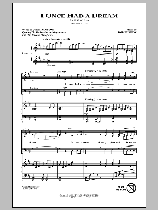 John Purifoy I Once Had A Dream sheet music notes and chords arranged for SAB Choir