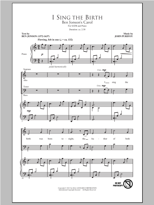 John Purifoy I Sing The Birth sheet music notes and chords arranged for SATB Choir