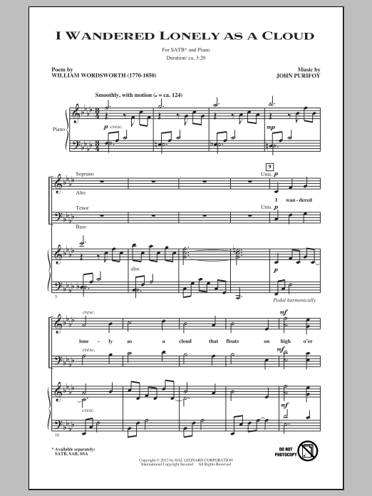 John Purifoy I Wandered Lonely As A Cloud sheet music notes and chords arranged for SAB Choir