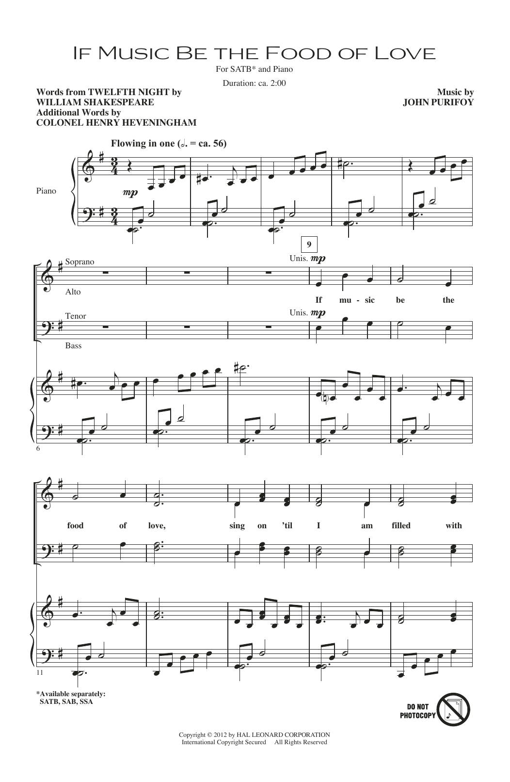 John Purifoy If Music Be The Food Of Love (from Shakespeare's Twelfth Night) sheet music notes and chords arranged for SATB Choir