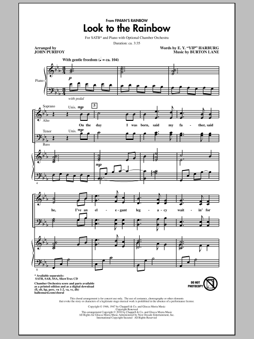 John Purifoy Look To The Rainbow (from Finian's Rainbow) sheet music notes and chords arranged for SATB Choir